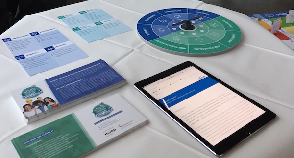 Übersicht mit Online-Fragebogen auf Tablet, Karten, Drehrad und Flyern